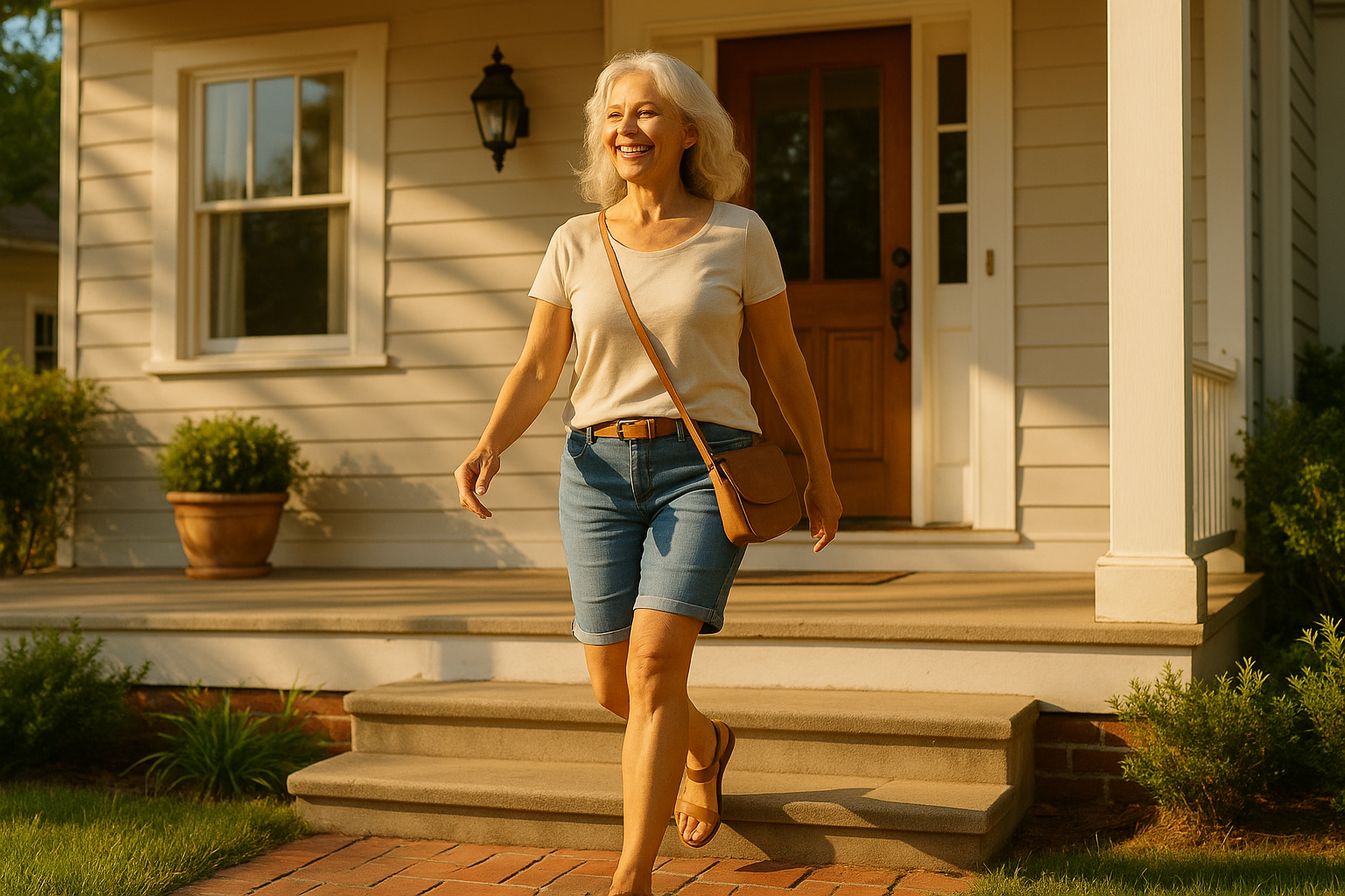 Woman stepping out of her house confidently into the sunshine