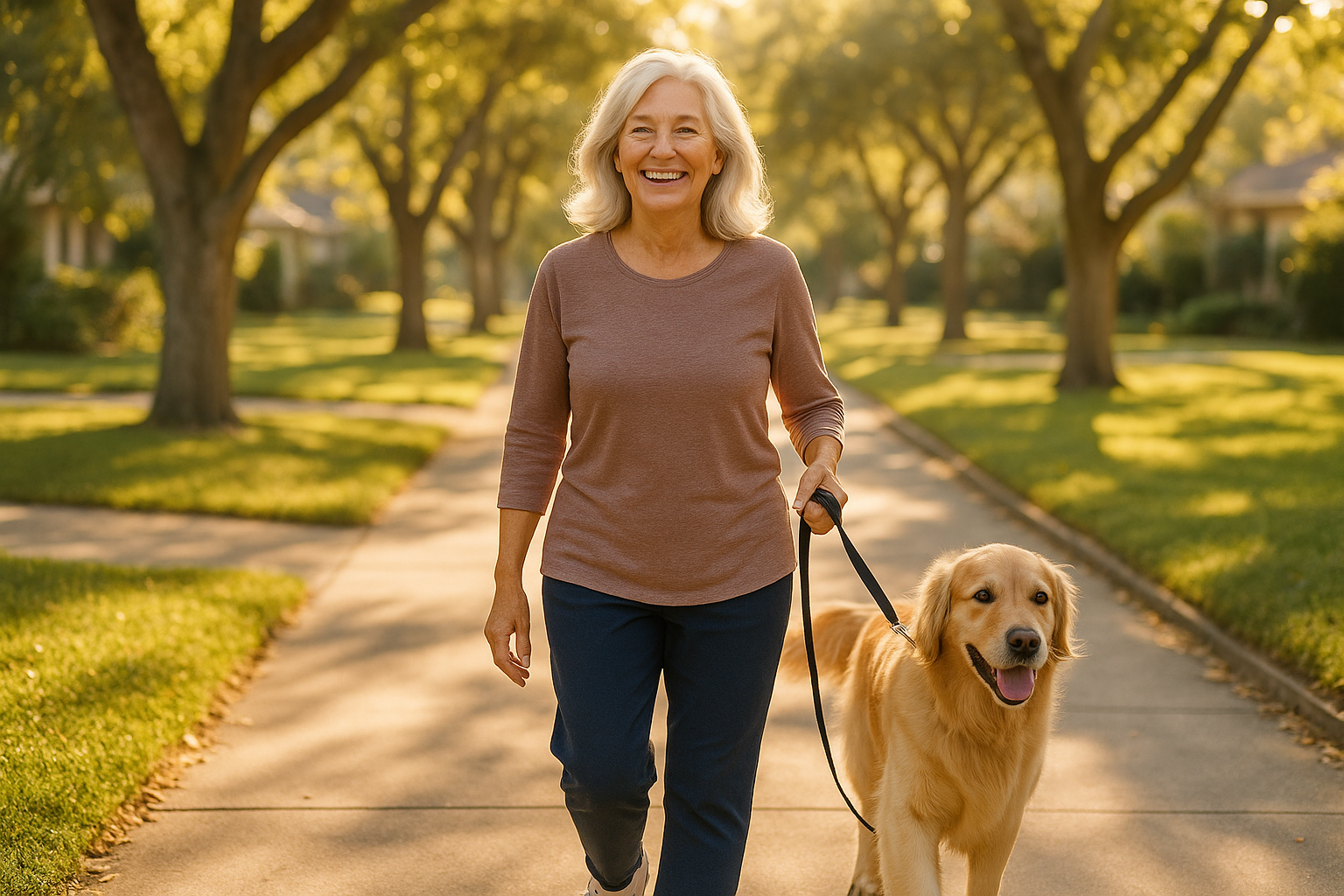 Woman enjoying a morning walk with her dog on a sunny day