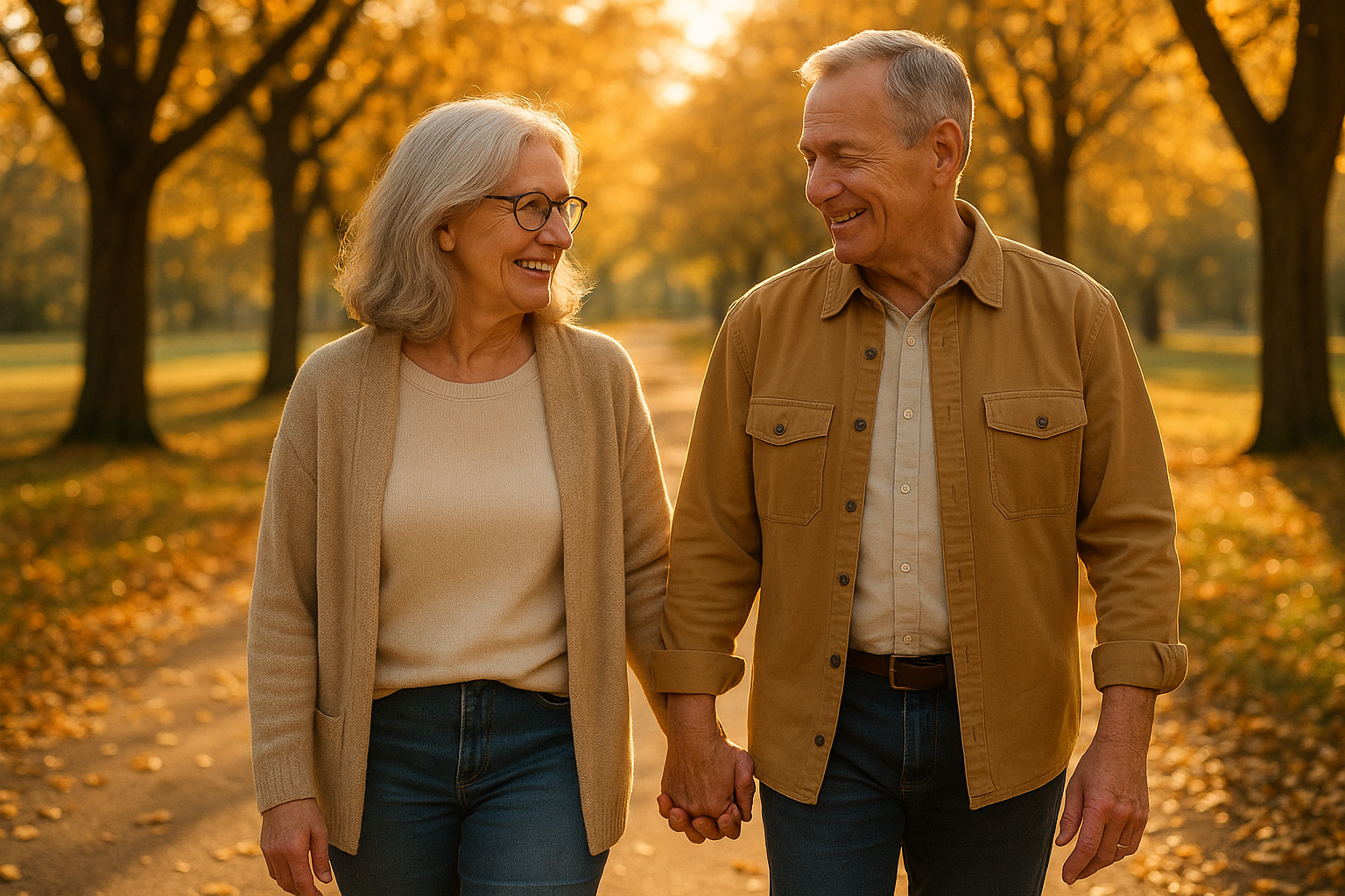 Couple walking comfortably together outdoors